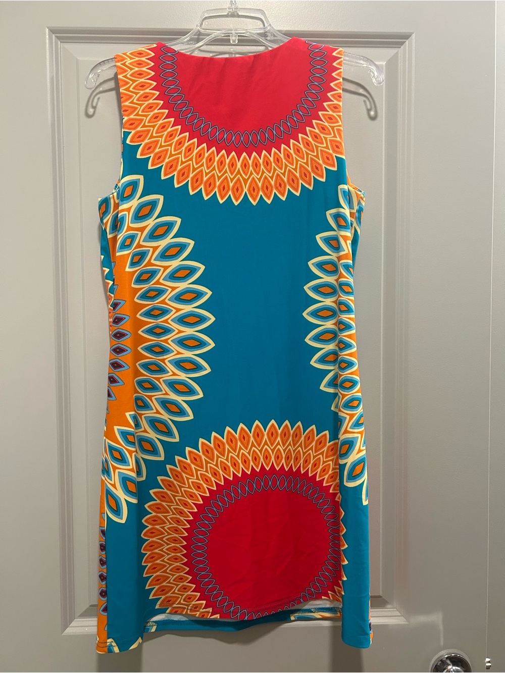 Vibrant Teal & Red Sunburst Sleeveless Dress